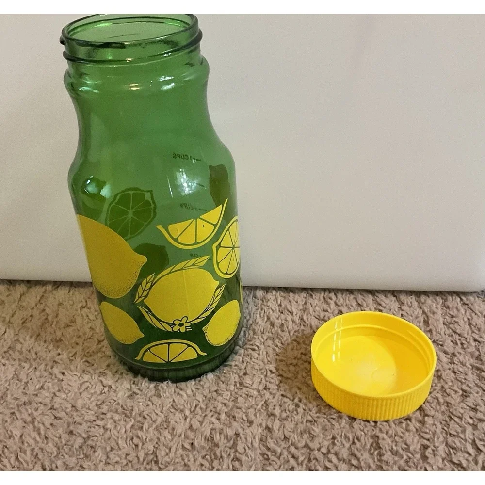 Vintage Anchor Hocking Green Lemonade Jar Green Glass Carafe Yellow Lid 1980s
